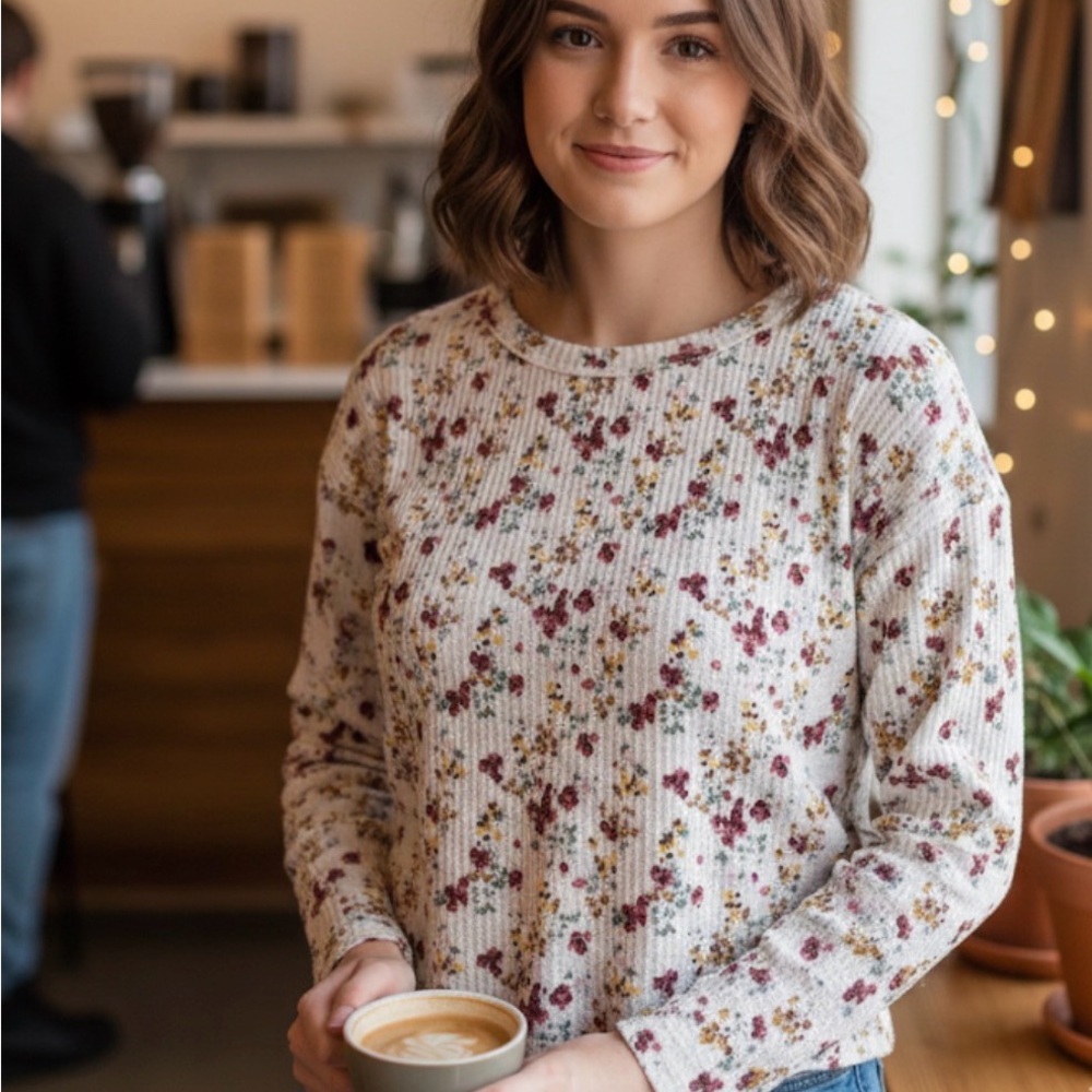 Rewind Floral Ribbed Knit Top - Cream and Burgundy